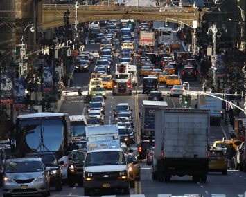 Traffic moves along 42nd Street in Midtown Manhattan, January 25, 2018 in New York City.