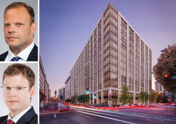 Matthew Pestronk (top left), co-founder and president, and Michael Pestronk, co-founder and CEO, of Post Brothers, and a rendering of 2100 M Street NW.