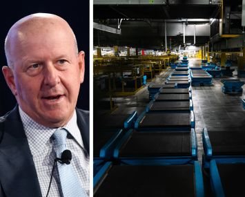 David Solomon, CEO of Goldman Sachs, and an Amazon warehouse.