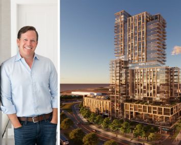 Red Fox Development founder and president Adam Peters and a rendering of Red Fox's project at 2425 Mill Road, Alexandria, Va.