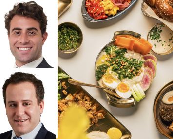 Newmark's Gabriel Staab and Ross Berkowitz, and plates of Mediterranean food from Motek.
