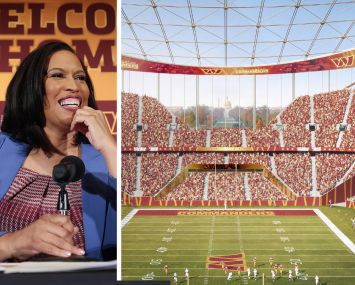 Washington, D.C. Mayor Muriel Bowser and a rendering of the Washington Commanders proposed stadium.