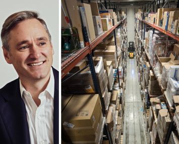 Tim Johnson of Blackstone Real Estate Debt Strategies and a forklift driving through a warehouse.