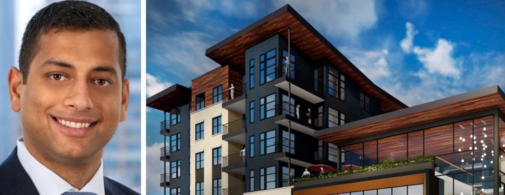 Dwight Capital's Brandon Baksh and a rendering of Avian Apartments in Colorado Springs, Colo.