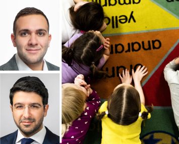 Eddie Mamiye (top) and Meyer Dagmy (bottom) of MOD Commercial Realty, and children listening in a preschool.