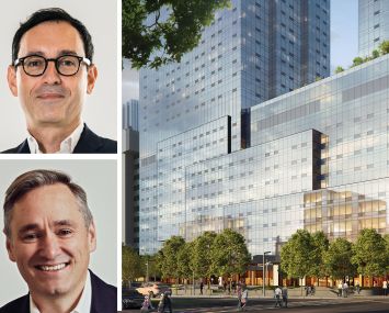 Kushner Companies' Laurent Morali, Blackstone's Tim Johnson, and a rendering of 1 Journal Square in Jersey City.